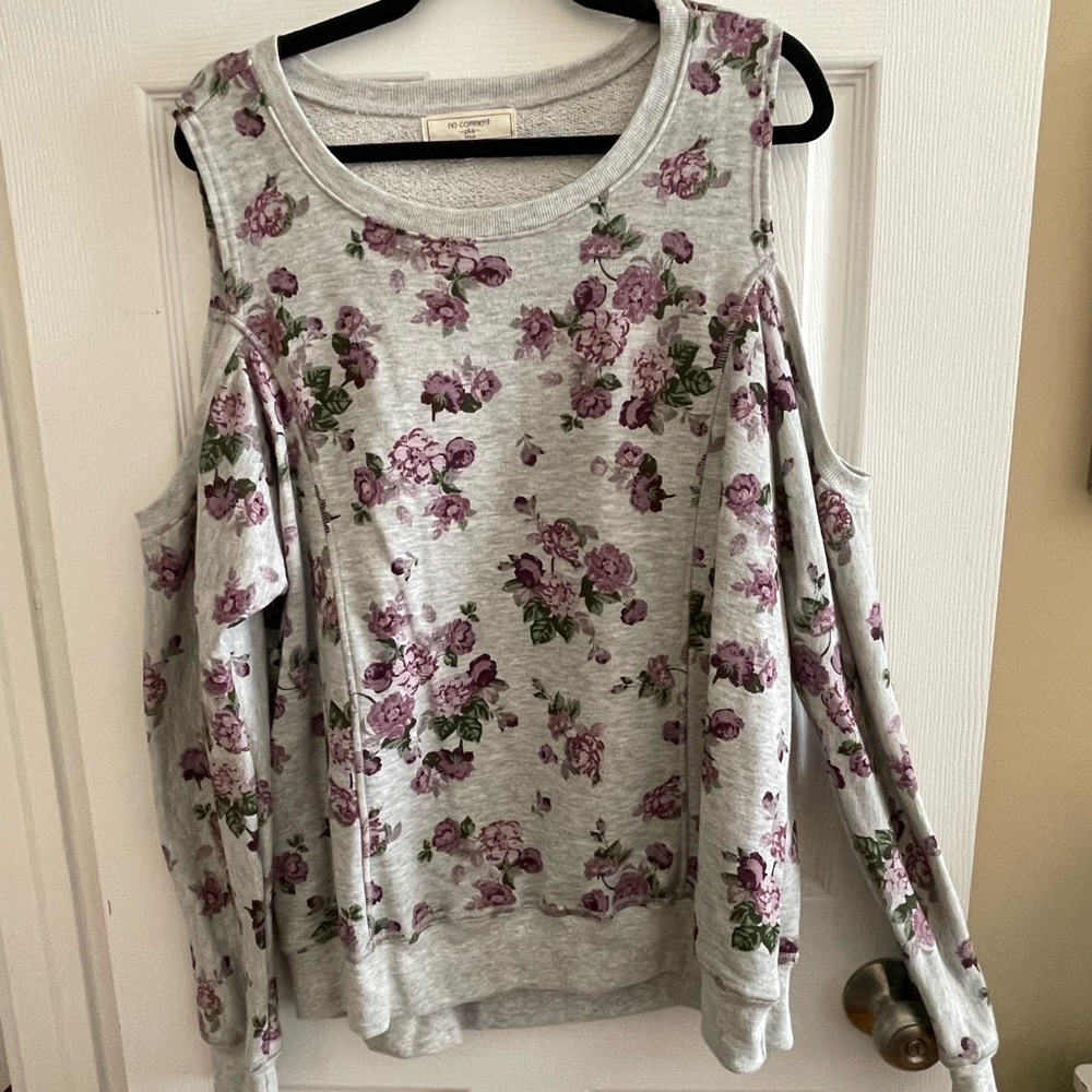 NWOT off shoulder gray flowered sweatshirt